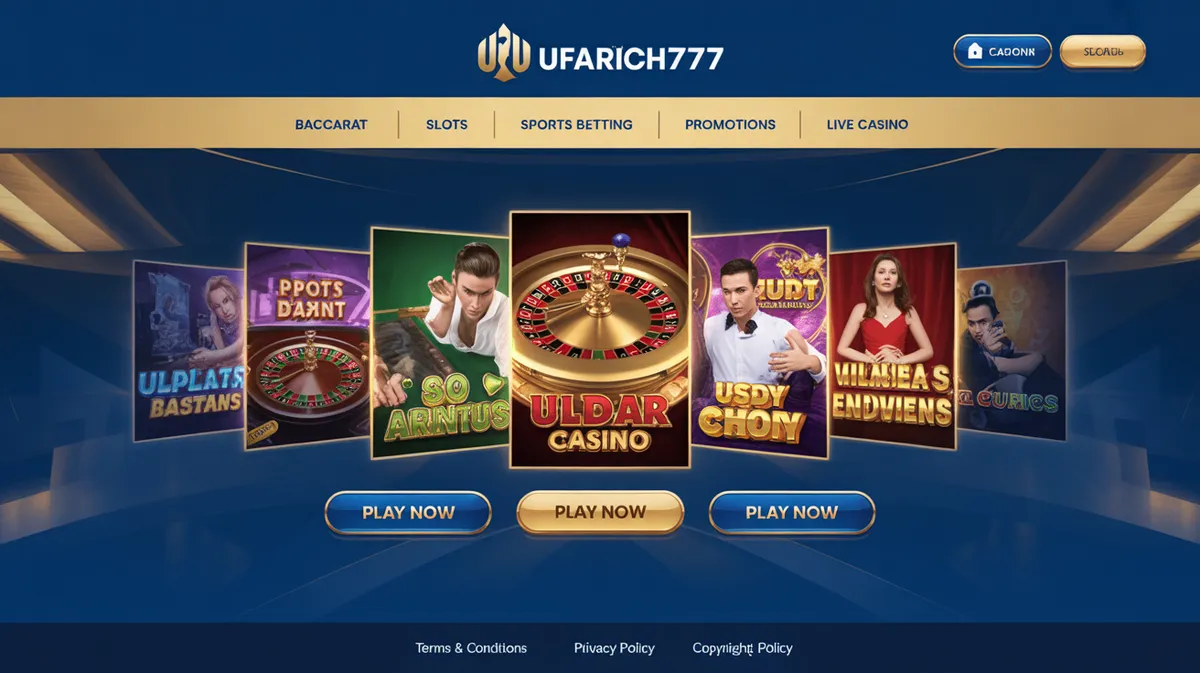 เว็บไซต์ UFARICH777 หน้าแรกแสดงโลโก้และเมนูเกมคาสิโนออนไลน์ต่างๆ